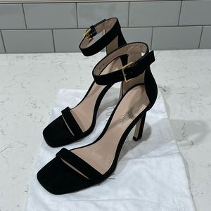 Stuart Weitzman square toe black suede heeled sandal
